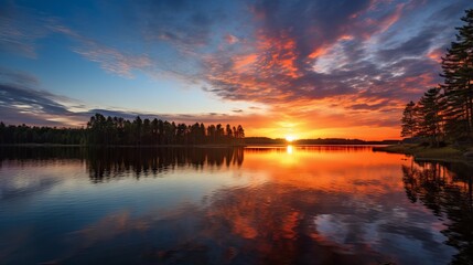 Wall Mural - panorama of beautiful sunrise over lake with colorful sky and reflection on water