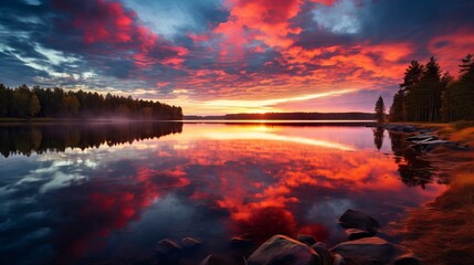 Wall Mural - panorama of beautiful sunrise over lake with colorful sky and reflection on water