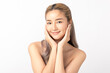 © Shutter B - Happy beautiful young asian woman smile touching her face on white background, clean fresh bare skin concept. Facial treatment, Perfect skin, Natural make up.