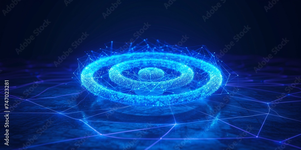 3D wireless light wave with abstract scanning radar sensor and digital symbol for wireless monitoring and protection, featuring a transparent neon circle and blue electric frequency glow.