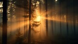 Fototapeta Londyn - Golden Hour in Misty Woods Ethereal Sunlight Filtering through Trees
