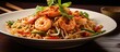 A white bowl is shown filled with rice noodles and succulent shrimp, creating a delicious and nutritious Asian cuisine dish. The noodles are intertwined with the plump shrimp, offering a mouth