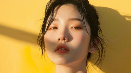 Close up beauty portrait of a laughing beautiful japanese woman applying face cream and looking away isolated over color background