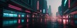 Wide angle panoramic view of teal neon lights theme dark futuristic cyberpunk city street from Generative AI