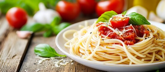 Sticker - A classic Italian dish of spaghetti with tomato sauce and basil served on a wooden table, showcasing the staple food of noodles in Italian cuisine.