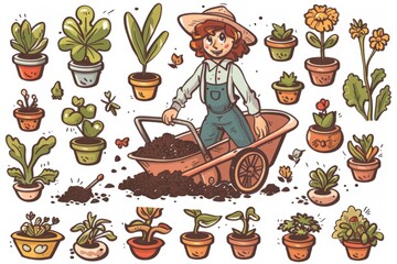 Wall Mural - Cartoon cute doodles of a gardener using a wheelbarrow to transport soil and plants in the garden, Generative AI