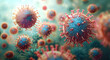 3D illustration of viruses resembling coronavirus, with spike proteins, on a microscopic level, vibrant colors.