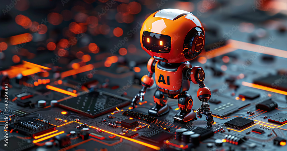 Futuristic AI robot on a circuit board, representing advanced ...