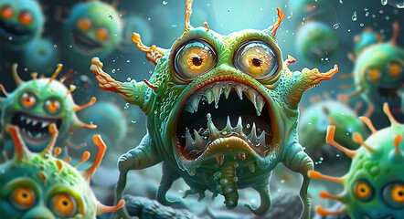 Wall Mural - Colorful illustration of cartoon germs or monsters with big eyes and sharp teeth, depicting viruses or bacteria, on a blue background.