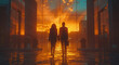 Couple walking in the city at sunset. 3d rendering.