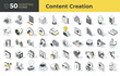 Content creation. Set of isometric icons. Symbols of generating ideas, producing and distributing various forms of media content with focus on writing, blogging, photography, learning, marketing