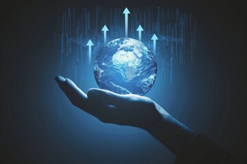 Hand holding a glowing Earth with digital data arrows ascending.