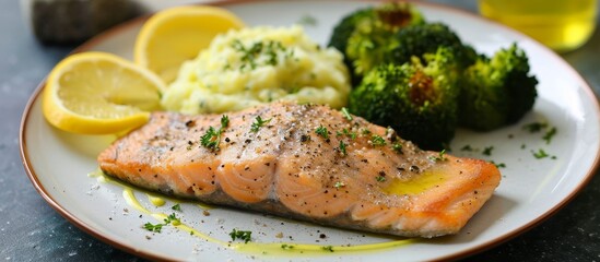 Sticker - A dish featuring a white plate with salmon, broccoli, mashed potatoes, and lemon slices, showcasing a blend of ingredients and flavors.