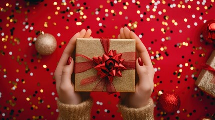 Wall Mural - High angle of woman hands holding diagonally gift box wrapped with red ribbon over red background