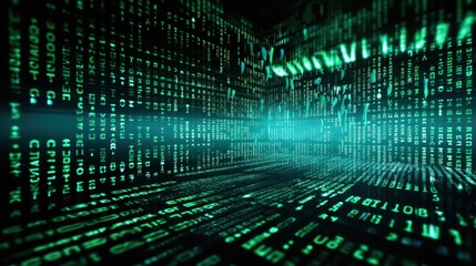 Dark green background with computer code