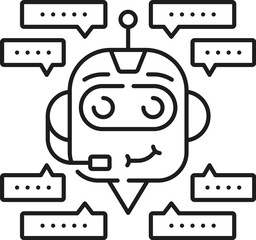 Fototapete - Chatbot outline icon features speech bubbles around of robot head, symbolizing automated communication, machine learning, ai artificial intelligence algorithm. Vector linear smart bot service symbol