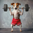 © Jenny Sturm - cute funny dog in red sport shorts lifting weights