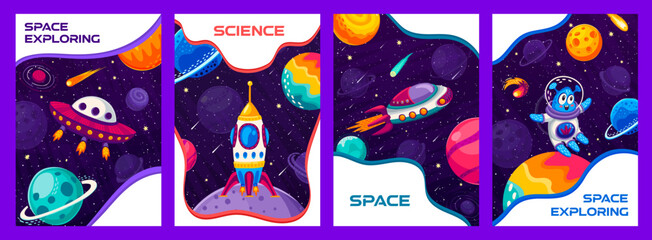 Wall Mural - space posters. cartoon alien characters, rocket, spaceship and starship and starry galaxy with plane