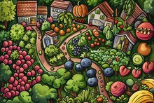 Cartoon Cute Doodles Of A Community Garden Where Neighbors Come Together To Grow Fruits And Vegetables, Generative AI