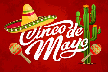 Cinco de Mayo Mexican holiday grunge banner with sombrero and cactus, vector background. 5 May or Cinco de Mayo fiesta and Mexico festival poster with traditional maracas and sombrero with ornament