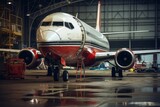 Fototapeta Sawanna - A red and white aircraft is parked in a hangar, awaiting service