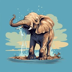 Playful 2D-style elephant spraying water with its trunk