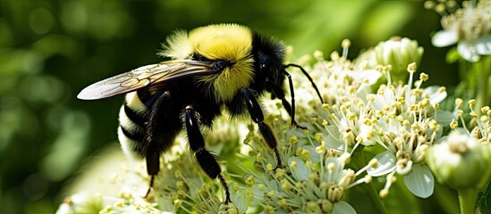 Canvas Print - A detailed view of a bumble bee perched on a yellow hogweed flower, collecting pollen with its legs while its body is covered in fluffy hairs.