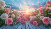 Pink And White Roses, The Wooden Floor Of The Garden Is Covered With A Large Number Of White And Pink Roses, The Blue Sky And Sunset.
