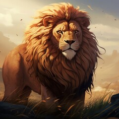 Wall Mural - Brave 2D-style lion with a majestic mane