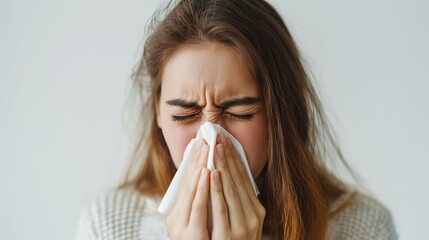 Wall Mural - Woman sneezing into a paper tissue. allergies, colds, Spring allergies, and getting sick concept.