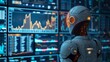Robot Analyzing Complex Stock Market Monitors
