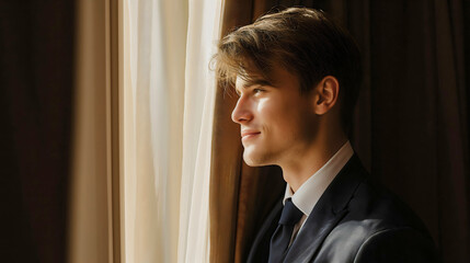 Wall Mural - Closeup portrait of a handsome young groom, a man in an elegant black tuxedo suit with white shirt and a bow tie, smiling on his wedding day. Male husband, marriage spouse