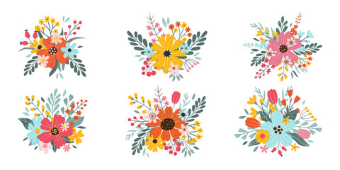 Wall Mural - Set isolated beautiful spring or summer bouquets. Cute hand drawn flat vector flowers, leaves, berries. Design elements for decoration greeting card, poster, wedding invitation.