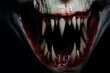 Vampire fangs, emerging from the darkness like daggers poised to strike, with hints of blood staining the ivory surface. The predatory nature of the teeth is palpable, evoking a sense of fear and fasc