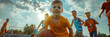 Boy playing basketball with friends on sunny day. Childhood games and sports concept. Design for community event posters, youth sports flyers, and outdoor activity brochures.