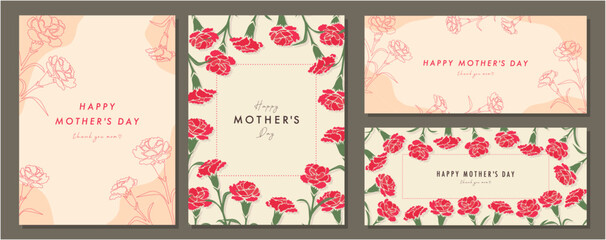 Wall Mural - 母の日　mother's day　カーネーション　素材セット　フレーム　背景　ベクターイラスト　シンプル　おしゃれ