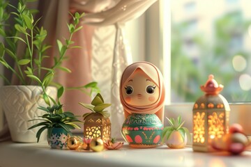 Hijab doll with lanterns on window sill. Ramadan Kareem celebration