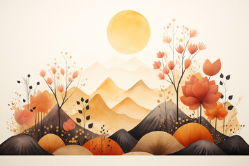 Wall Mural - Abstract painting of autumn hills at sunset in magical watercolor landscape style