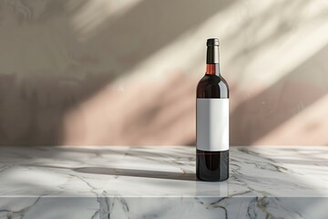 Minimalist red wine bottle mockup with neutral background and delicate shadows, perfect for label design showcase