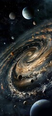 Wall Mural - an artistic depiction of a wormhole in the center of the solar system, with planets orbiting and a l