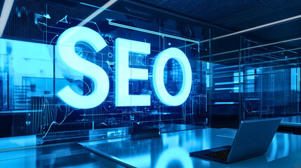 Wall Mural - large seo, or search engine optimization text on the digital or virtual hologram display screen in e