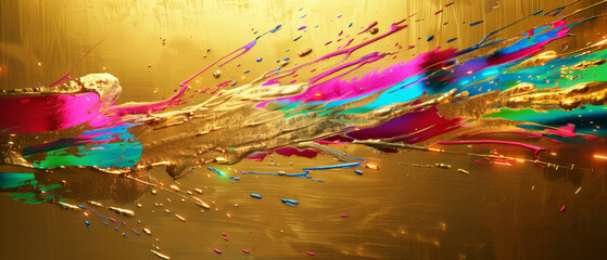 Wall Mural - Neon paint splash on a luxurious golden surface.