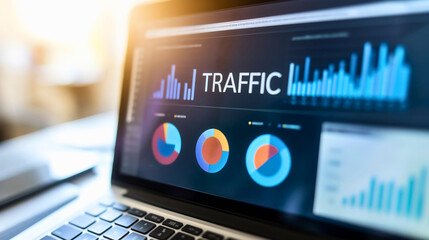 closeup screen of the laptop or notebook device, displaying the colorful website traffic metrics, gr