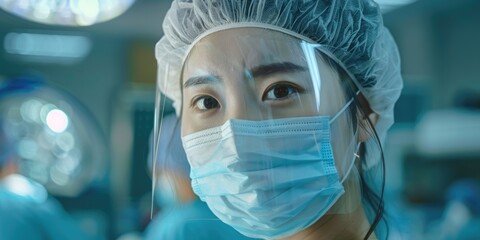 medical nurse wearing face mask for protection against virus in operation room