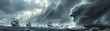 Fenrir's howl, Viking longships in the foreground, stormy Nordic seascape