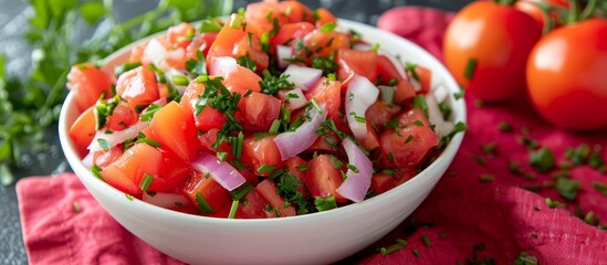 Wall Mural - A white bowl filled with a colorful medley of tomatoes, onions, and cilantro, creating a fresh and delicious Israeli salad recipe.