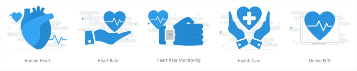 Sticker - A set of 5 Mix icons as human heart, heart rate, heart rate monitoring