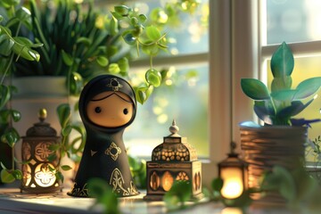 Wall Mural - Hijab doll with lanterns on window sill. Ramadan Kareem celebration