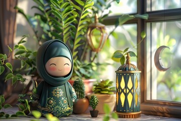 Wall Mural - Hijab doll with lanterns on window sill. Ramadan Kareem celebration