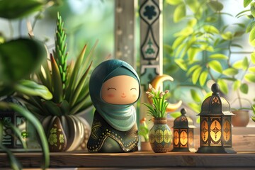 Wall Mural - Hijab doll with lanterns on window sill. Ramadan Kareem celebration